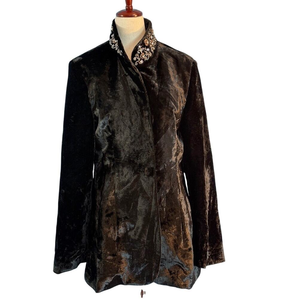 Soft Surroundings Black Velvet Jacket Rhinestone Beaded Embellish Collar Lined M